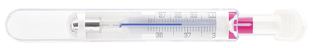 Analoges Basalthermometer Geratherm® basal aus Glas vollständig in der Aufbewahrungshülle mit Lupeneffekt; die Lupe vergrößert die Temperaturskale und die pinkfarbene Galinstan-Messflüssigkeit.
