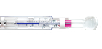 Analoges Basalthermometer Geratherm® basal aus Glas in der Aufbewahrungshülle mit Lupeneffekt; die Lupe vergrößert die Skale und die pinkfarbene Galinstan-Messflüssigkeit zur besseren Ablesbarkeit.